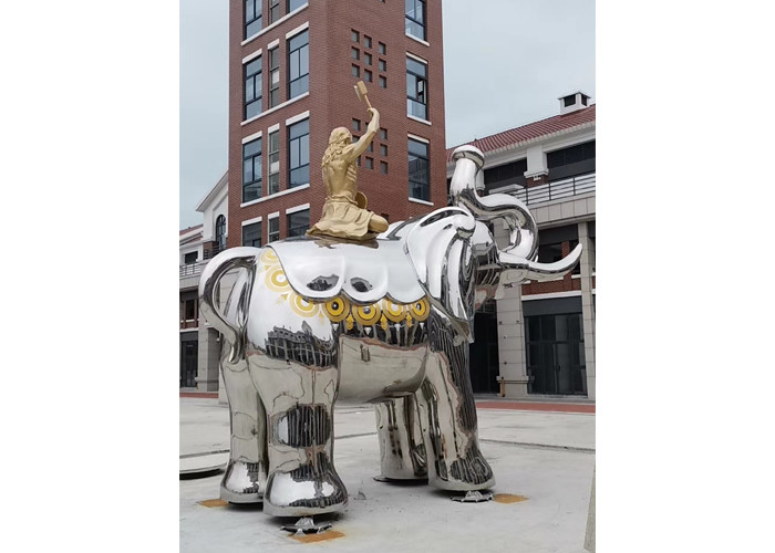 Life Size Brass Man Sitting Stainless Steel Elephant Sculpture