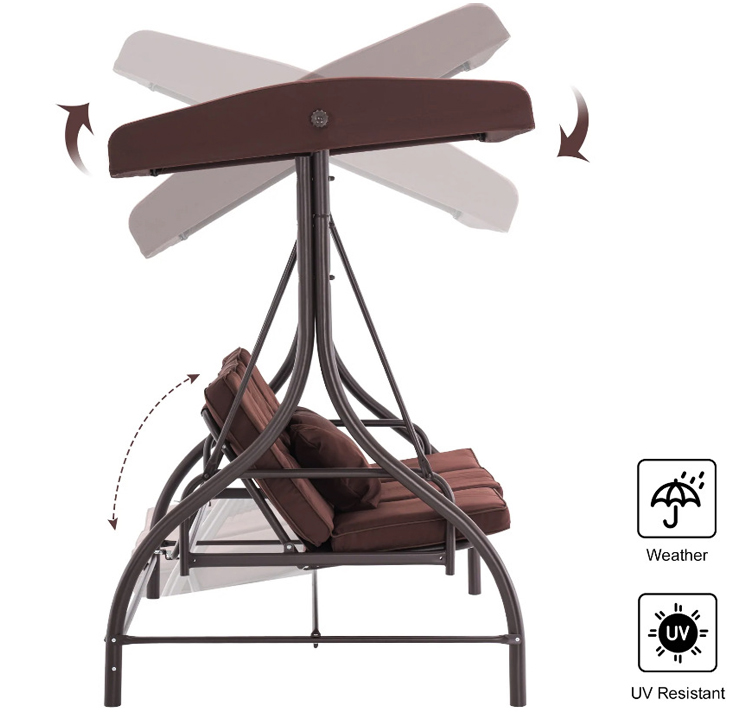 Outdoor Garden 3 Seats Swing Chair with Canopy and Adjustable Folding Steel Lounger Bed