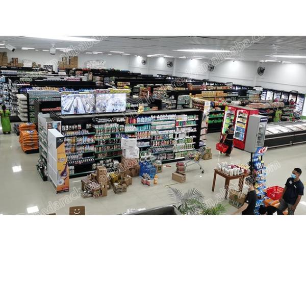 Wood Steel Supermarket Store Fixtures Double Sided Gondola Supermarket Shelving