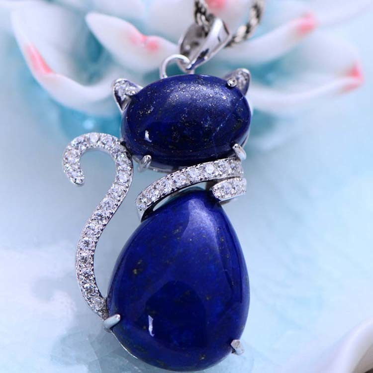 Sterling Silver Lapis Lazuli Cat Shape Women Pendant Necklace (048817W)