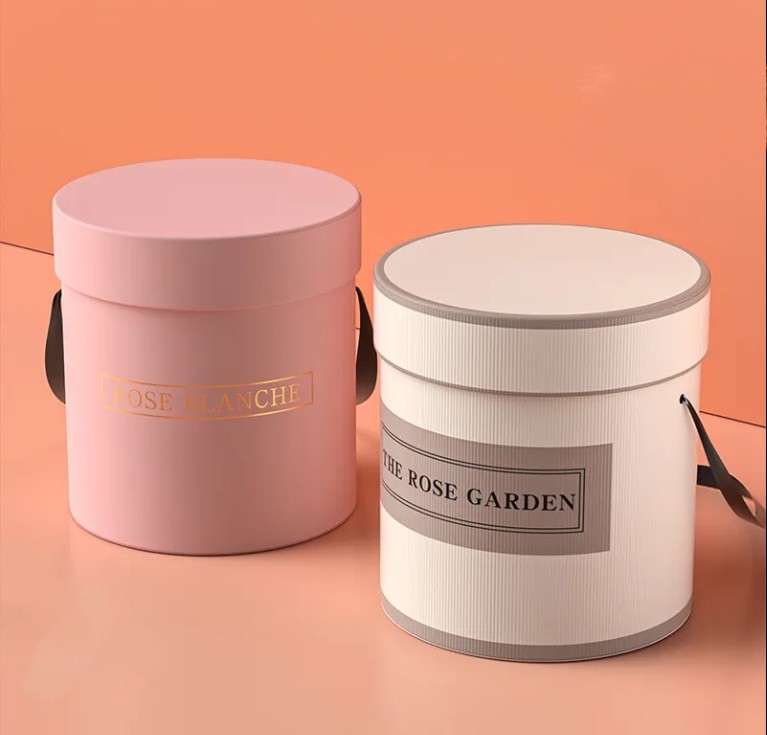 Custom Luxury Round Flower Packaging Box Ribbon Handle Cylinder Rose Box