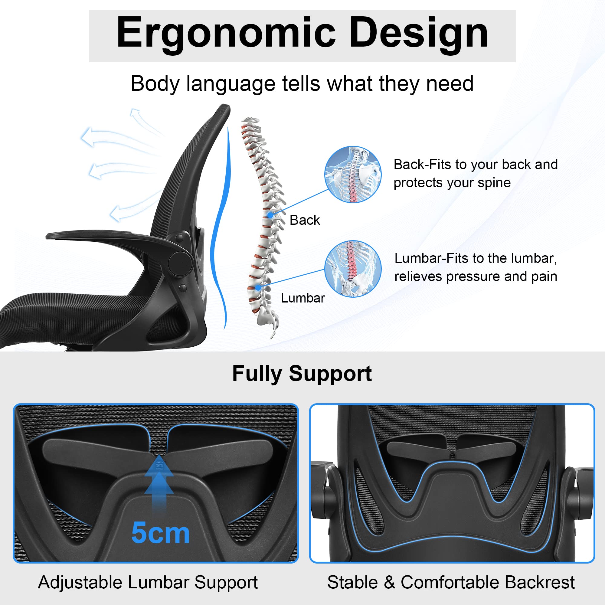 Flip-up Armrests Executive Ergonomic Chair with Lumbar Support and Metal Type Iron