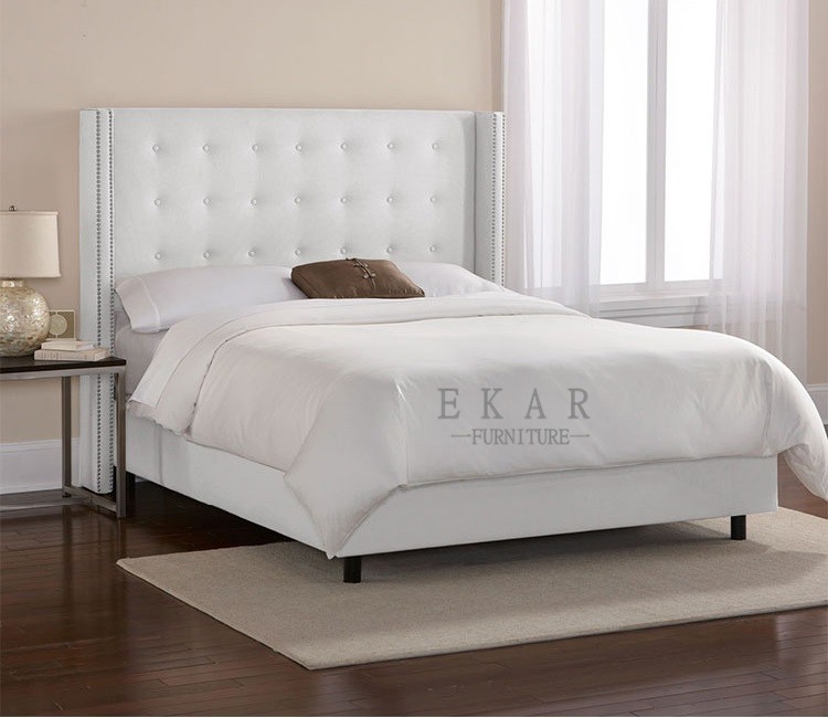 Bed Designer Furniture Simple White Wood King Size Tufted Headboard Bed