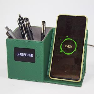 China Multipurpose Leather Pencil Holder Desk Wireless Charging LED Custom Logo PU Leather Pen Holder factory