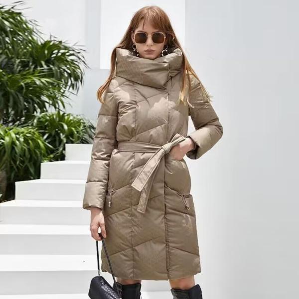 Winter Long Thick Padded Coat Women Printed Fabric Coat Fashion Casual Belted