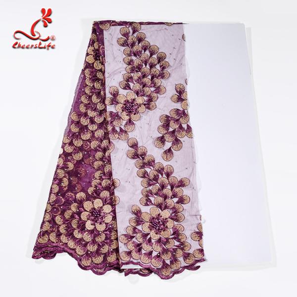 130CM Polyester Guipure Lace Fabric / African Beaded Flower Lace Embroidery