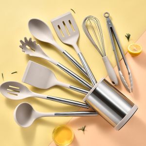 9pcs Silicone Cooking Kitchen Utensils Set Nonstick Cookware with Stainless
