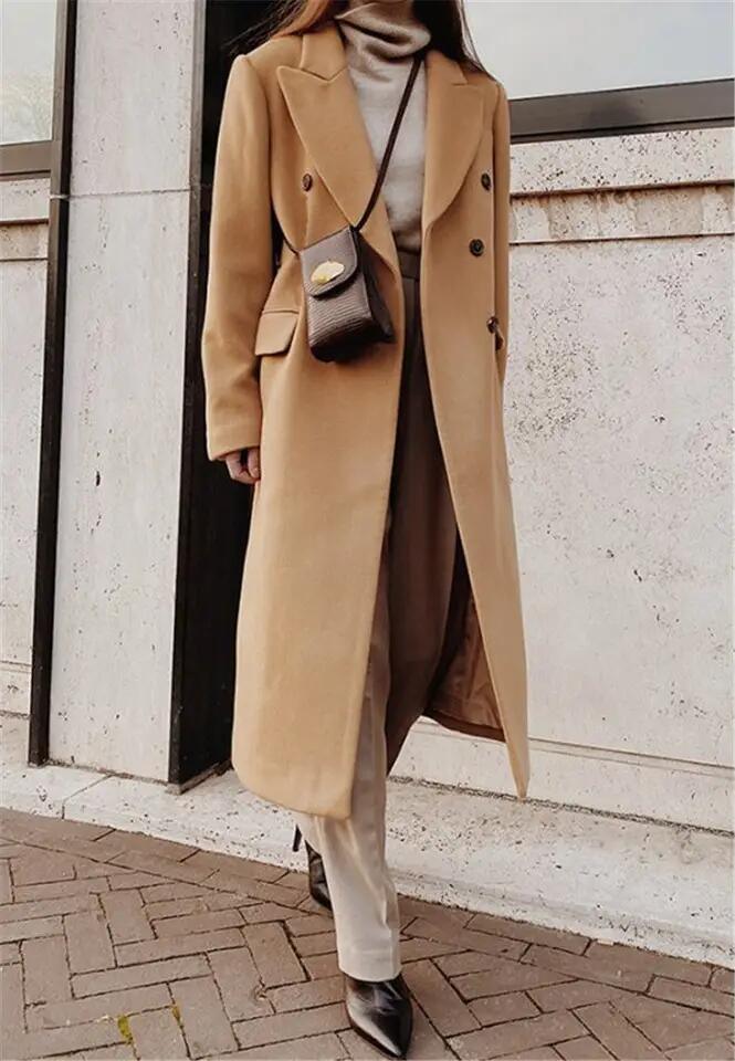Trendy Winter Ladies Solid Color Long Jackets Casual Plus Size MIDI Cardigans Buttons MIDI Suit Fashion Wool Coats for Womens