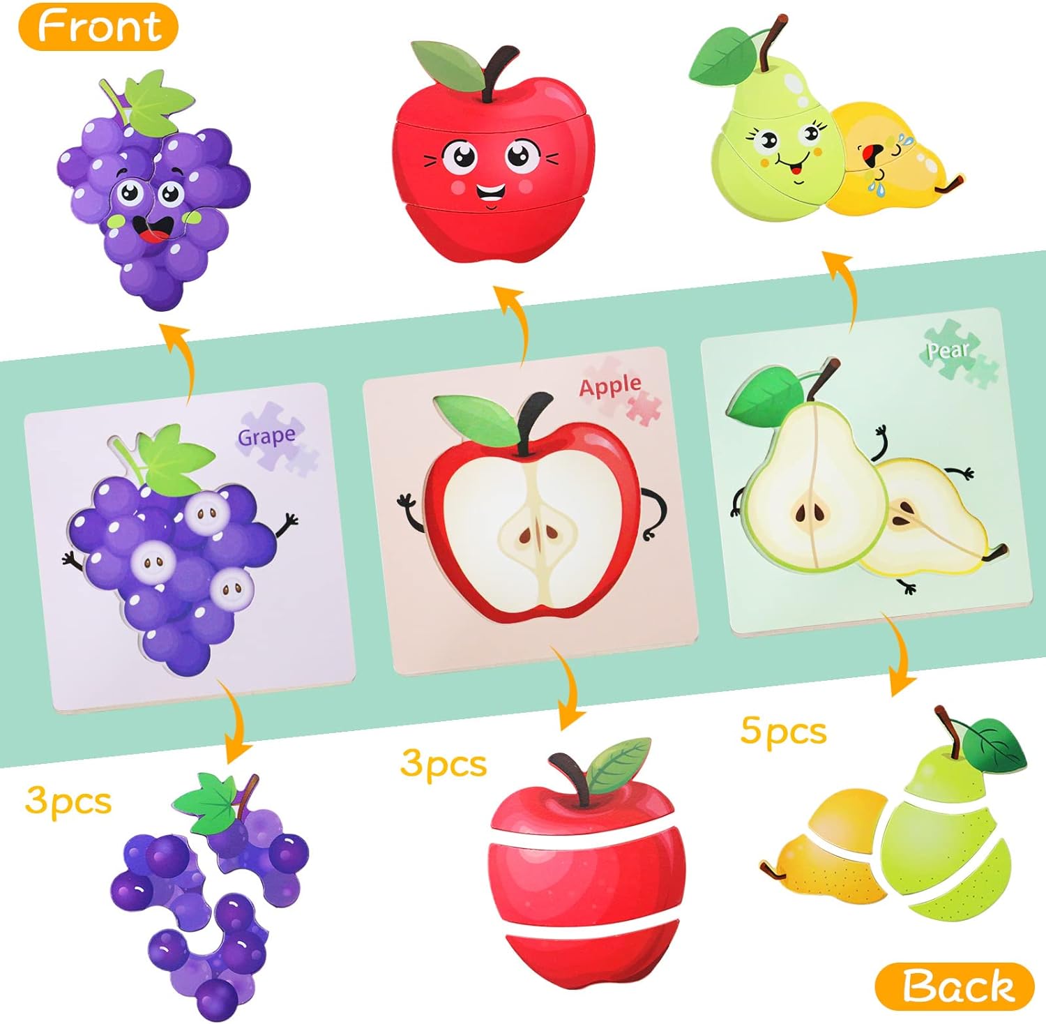 Unisex Wooden Toddler Fruit Jigsaw Puzzles Great for Sensory Development and Learning