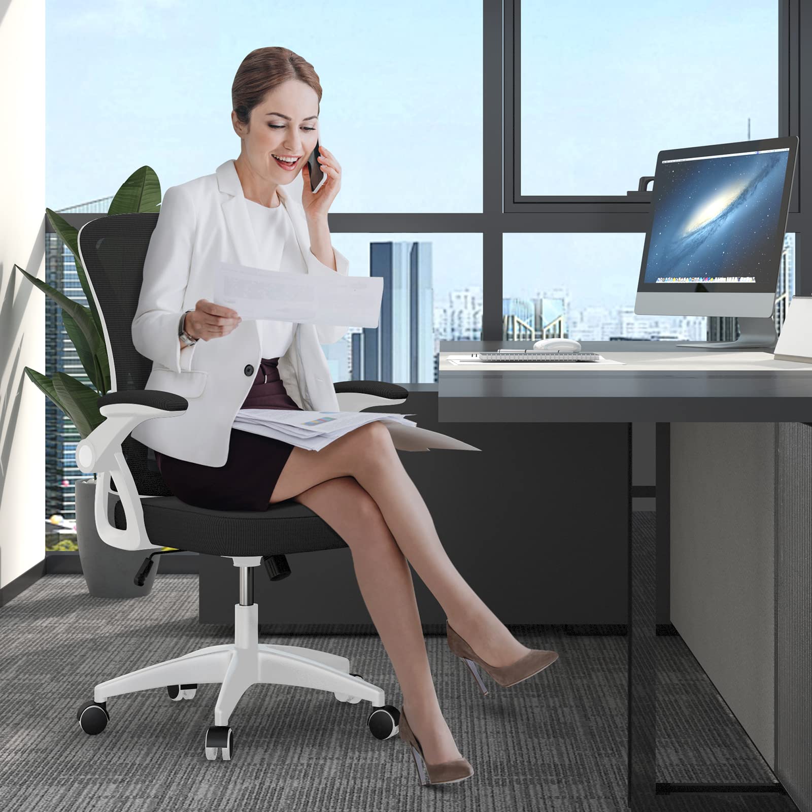 Comfortable Mid Back Computer Chair with Flip-Up Arms and Lumbar Support 23.6 Pounds