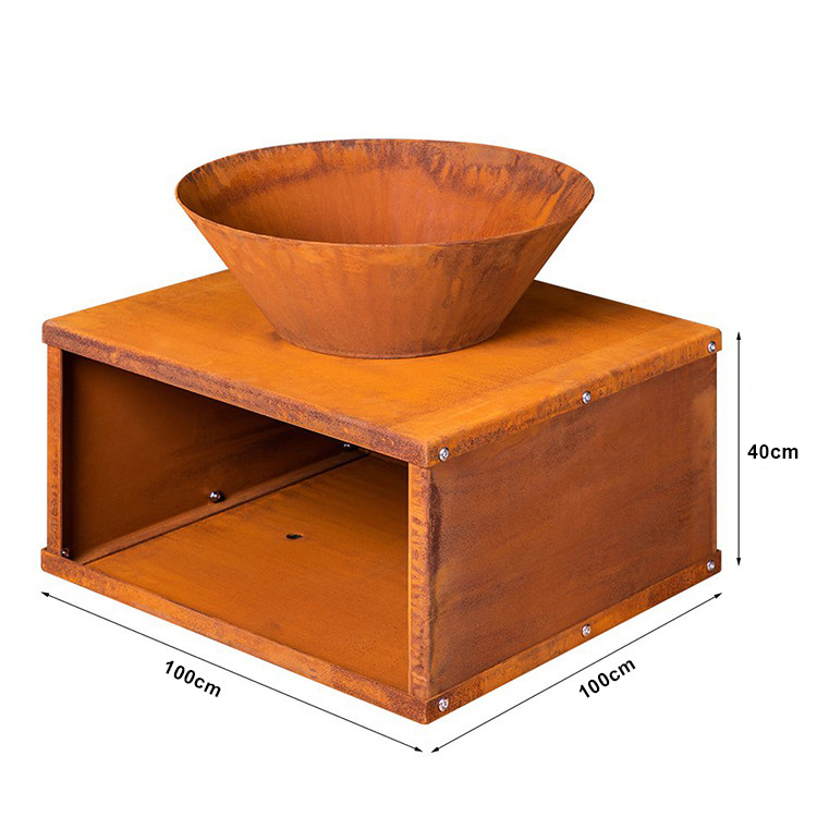 Outdoor Garden Decor Round Corten Steel Fire Pit Wood Burning Rusty-Colored 