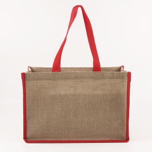 China Eco 100% Reusable Shopping Storage Red Handle Jute Tote Bags factory