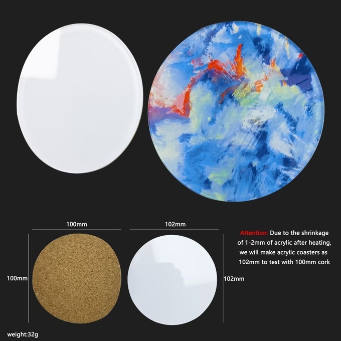Round Acrylic Sublimation Coaster Blanks With Cork Back Custom Printing 10cm Size