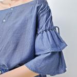 Spring Women Dark Blue Denim Blouses And Tops Off Shoulder Bat Wing Long Sleeve