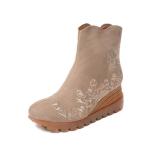 S028 New autumn and winter embroidered leather women's mid-boots wedge round toe