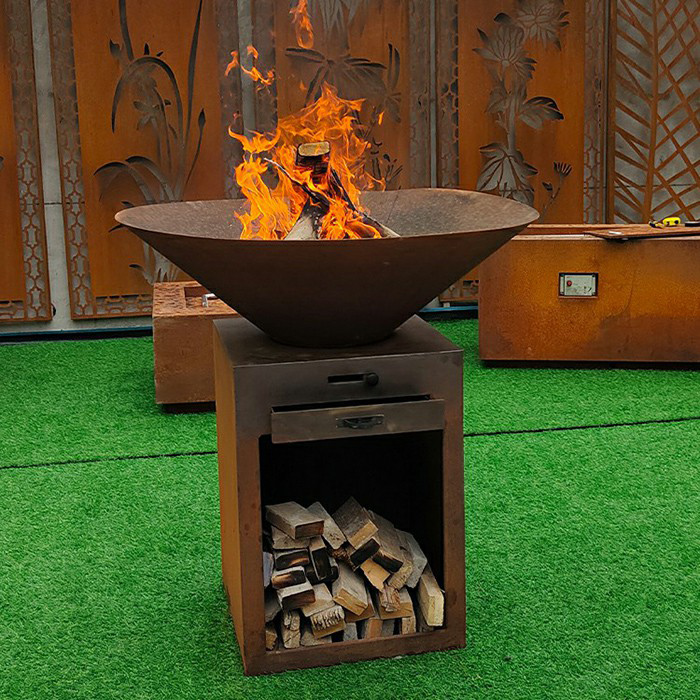 corten steel bbq grill in yard