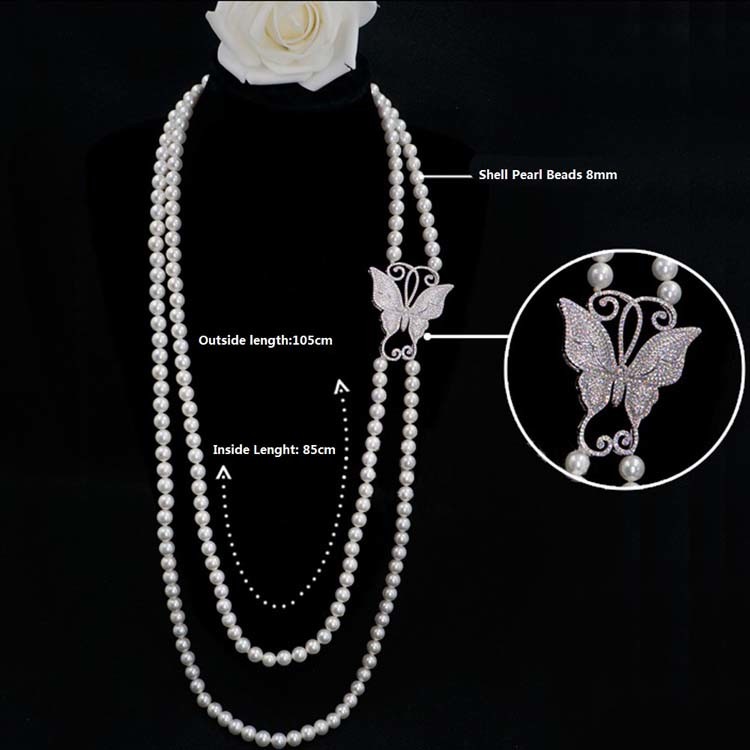 White Shell Pearl Double Strands Sweater Necklace with Cubic Zirocnia Butterfly Charm(SN702143BUTTERFLY)