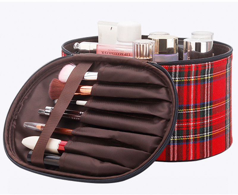 Korean Style Custom Print Logo Grid Cylinder Cosmetic Bag