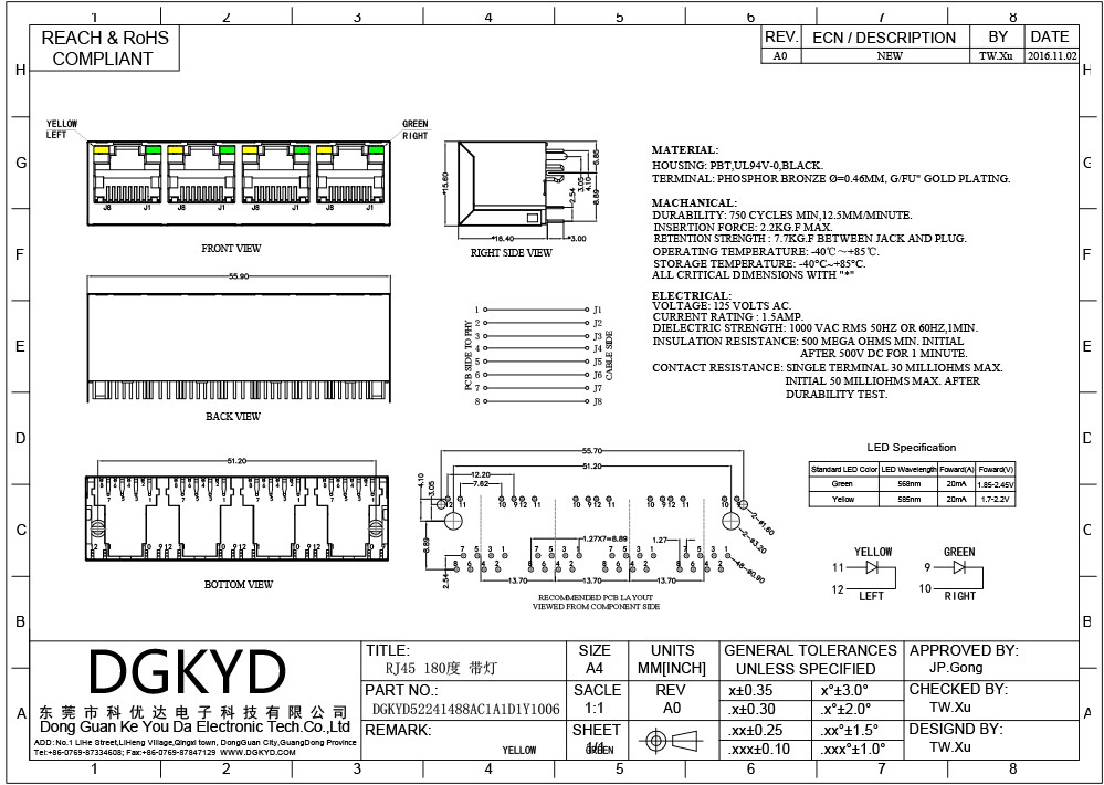 1X4 180 Degree TAB UP RJ45 Network Connectors With LED
