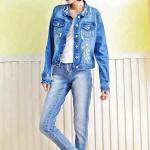 Fancy Embroidery Jeans Coat For Women , Stretch Ladies Blue Denim Jacket