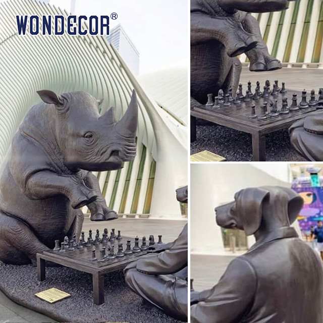 Smooth Bronze Sculpture Art Rhinoceros And Dog Playing Chess Together