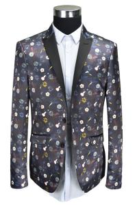 China Black Piping Mens Tuxedo Suit Blazer Printed T/R Fabric Anti Wrinkle Breathable factory