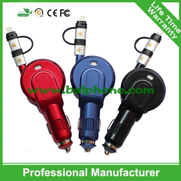 China 2 in 1 retractable car charger for smartphone factory