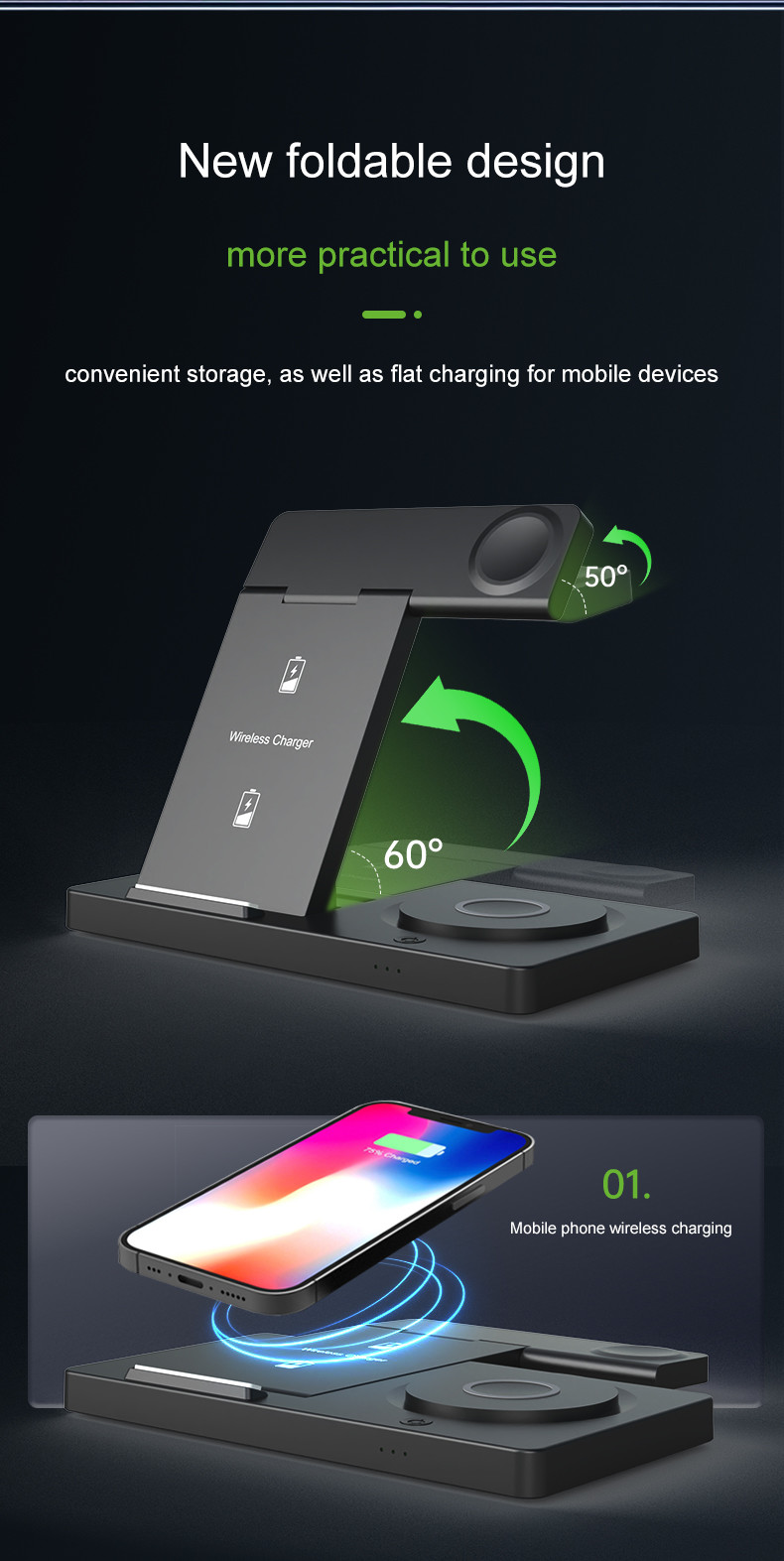 Foldable Wireless Charging Station for Smartphones Earbuds Watches 3W Watch Charging 15W Phone Output Custom