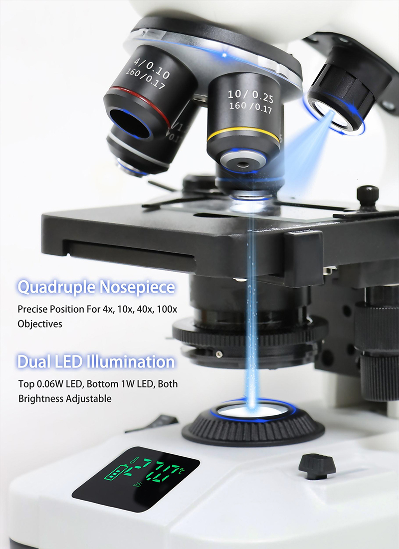 OPTO-EDU A11.5110 Student Microscope with Dual LED Light Source Digital Screen and Full Metal Body for Educational Use
