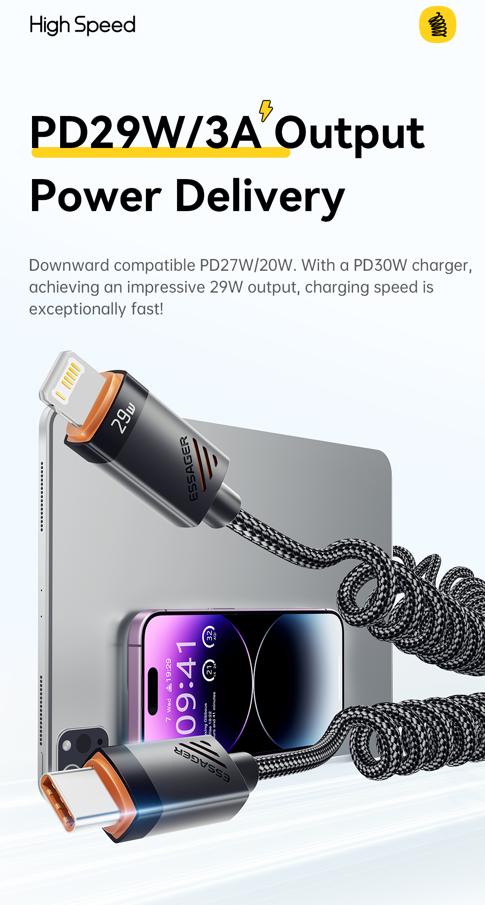 ESSAGER ES-X66 Spring Style 29W USB-C to Lighting Charging Cable Cord