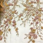 3D Beaded Sequined Embroidery Lace Fabric Gold Thread Sewing Pattern