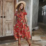 Printed Ladies Maxi Dress Polyester S Xl Short Sleeve Party Casual V Neck