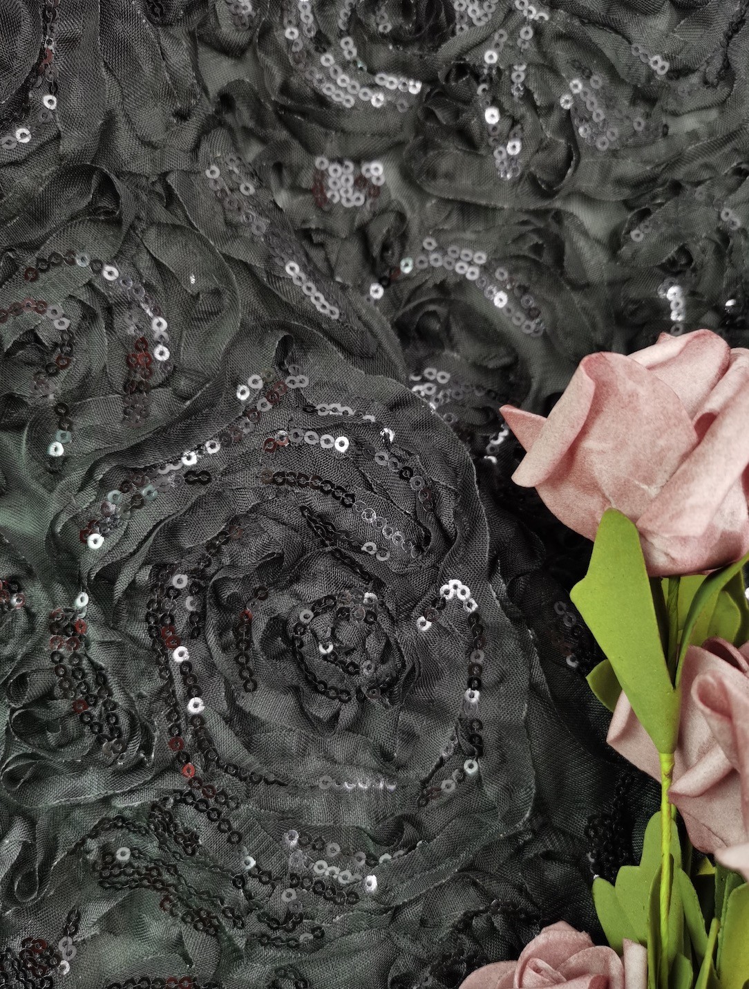 Black Embroidered Lace Fabric High End Sequin For Evening Dress