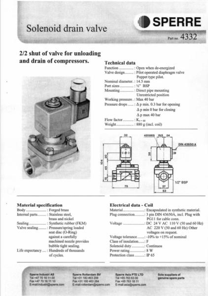 SPERRE TMS-80 Temperature Witch Solenoid Drain Valve 4332 Air Compressor