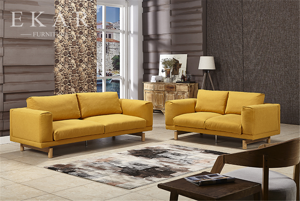 Wide Couch Set Pine Wood Yellow Fabric Sofa Set AW-1618