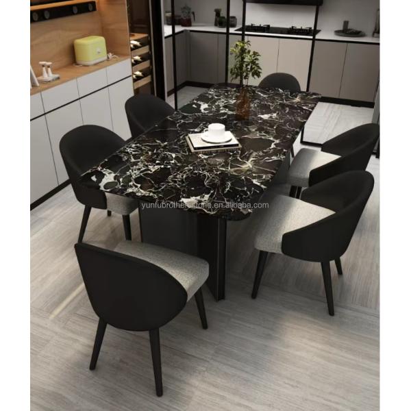 Modern Polished Black Rose Marble Big Slab Dining Table Set for Villa and Hotel Design