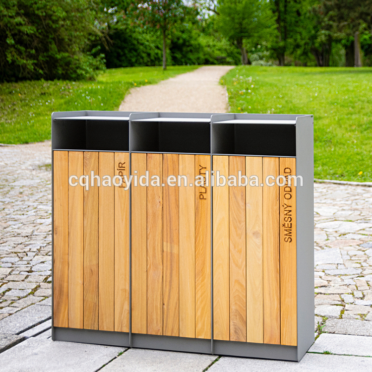 Outdoor steel dust Trash bin Metal wooden recycling bin commercial trash can