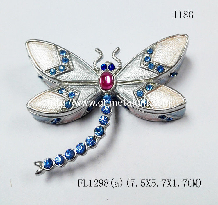 Trinket jewelry box, dargonfly diamond decoration pink pewter jewelry box