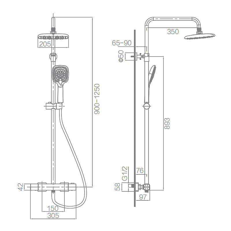 205×205mm Bathroom Shower Thermostatic 3 Function Hand Shower