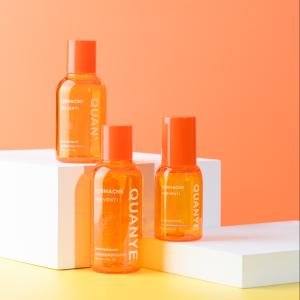 China Orange Color Luxury Thick Wall PET Plastic Serum Bottle With Lotion Pump ABS Lid factory