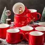Eco Friendly Red Ceramic Cups , Ceramic Christmas Mugs With Spoon Lid OEM ODM