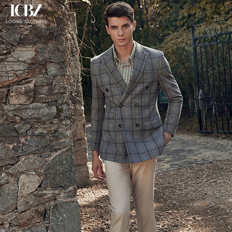 Customized Logo Printing Business Suits Gray Wool Plaid Men's Suit for Groom Wedding Dress