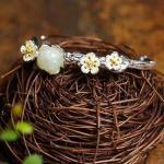 Sterling Silver Natural Jade Culptured Flower Gold Plated Women Bracelet(049924)