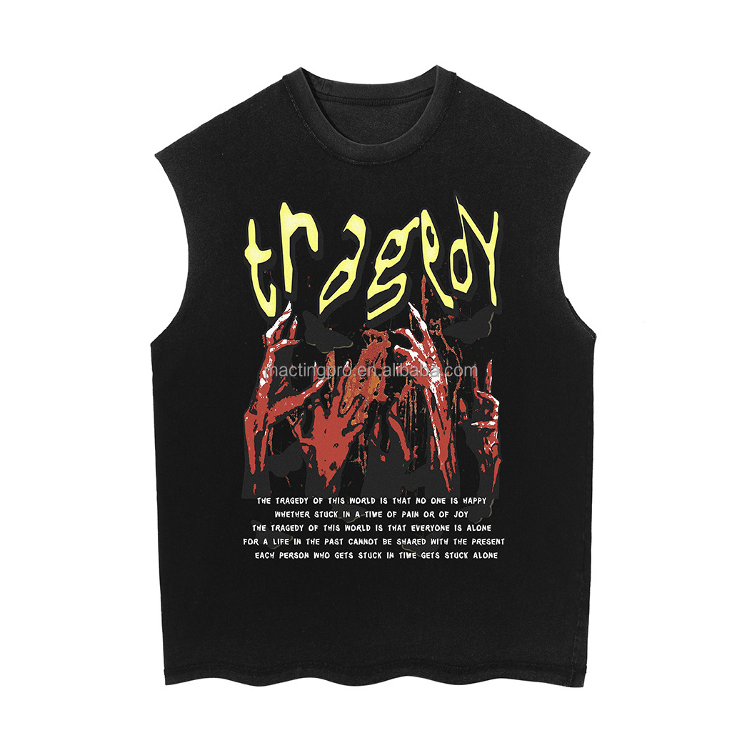 Customized Men's Acid Wash Vintage Tank Tops with Oversized Design and DTG Print Logo
