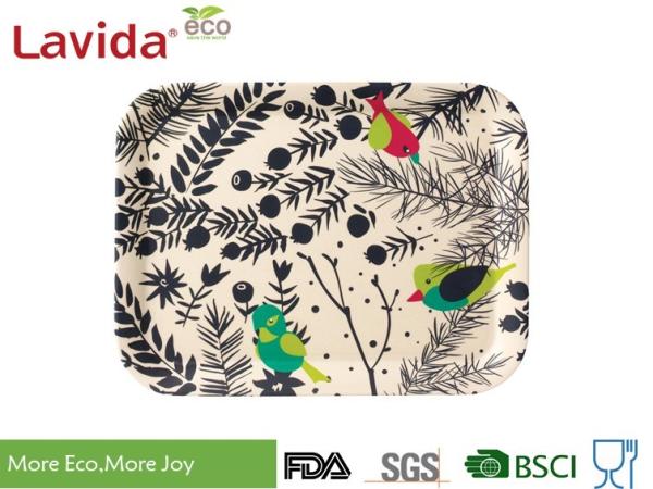 Stackable Anti - Slip Bamboo Food Tray Nordic Colorful Flower And Bird Style