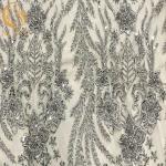 Grey Heavy Handmade Beaded Lace Fabric For Fashion Show Dresses