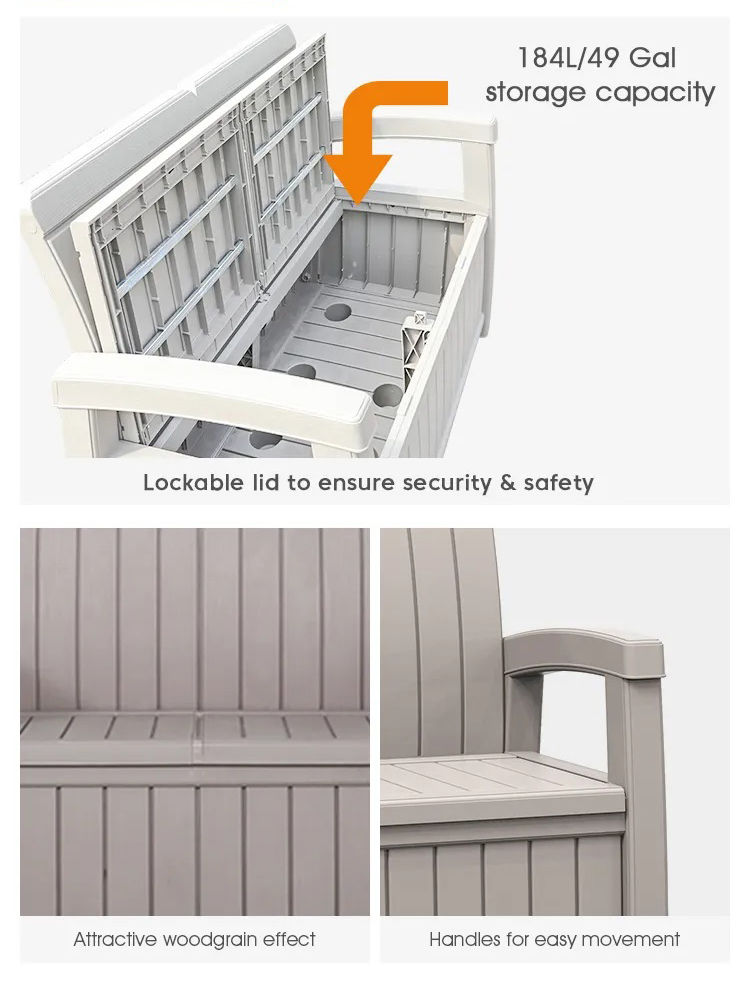 Plastic Storage Arm Bench Seat Chair for Outdoor Patio Garden Balcony Park Beach Pool