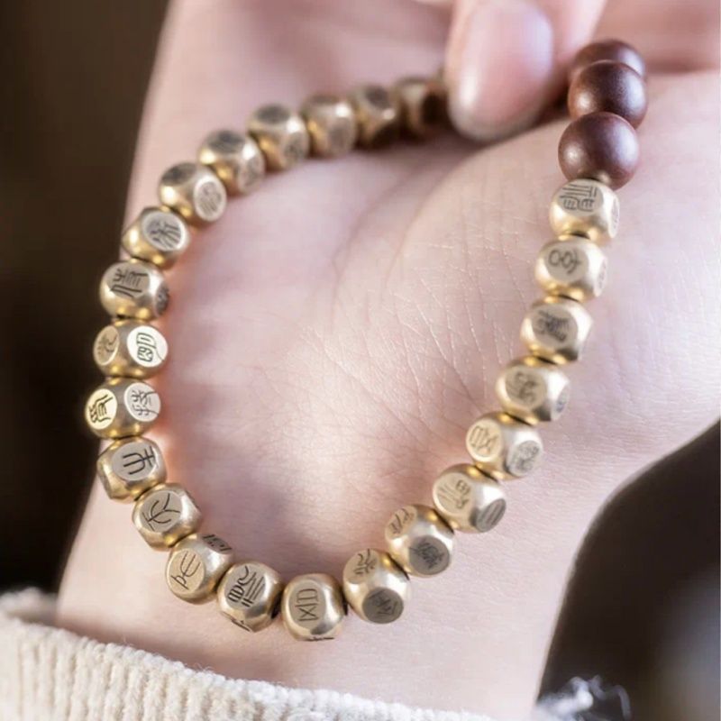 Feng Shui Energy Protection Safety Pure Copper Seal Script Golden Mantra Bracelet Original Hand-Carved Niche Retro Ethnic Style High-End Bracelet Gift