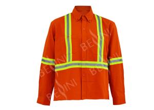 China Men's 100%Cotton Twill Orange Work Shirt Long Sleeve Reflective Tape Chest Pockets factory