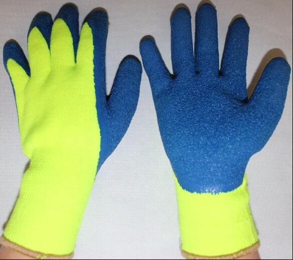 Hi Vis Safety Gloves Latex Acrylic Terry Brushed Glove Blue Latex Palm Coated
